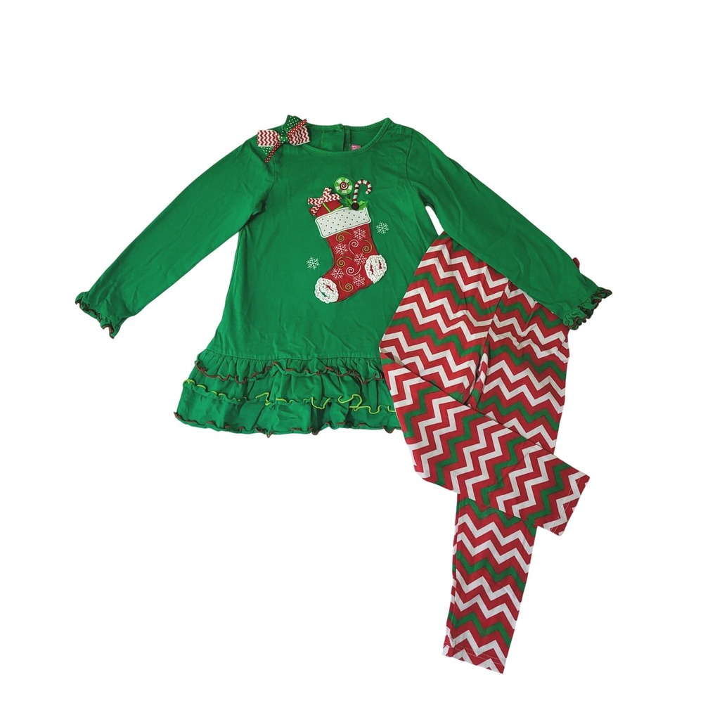Good Lad Girls Green Christmas Stocking Tunic and Chevron Leggings Set 6/6X